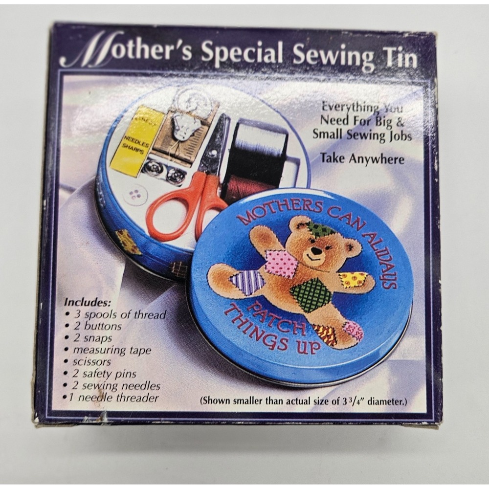 Mother's Special Sewing Tin Portable Travel Kit Teddy Bear Blue Round NIB 3.75" - Picture 2 of 6